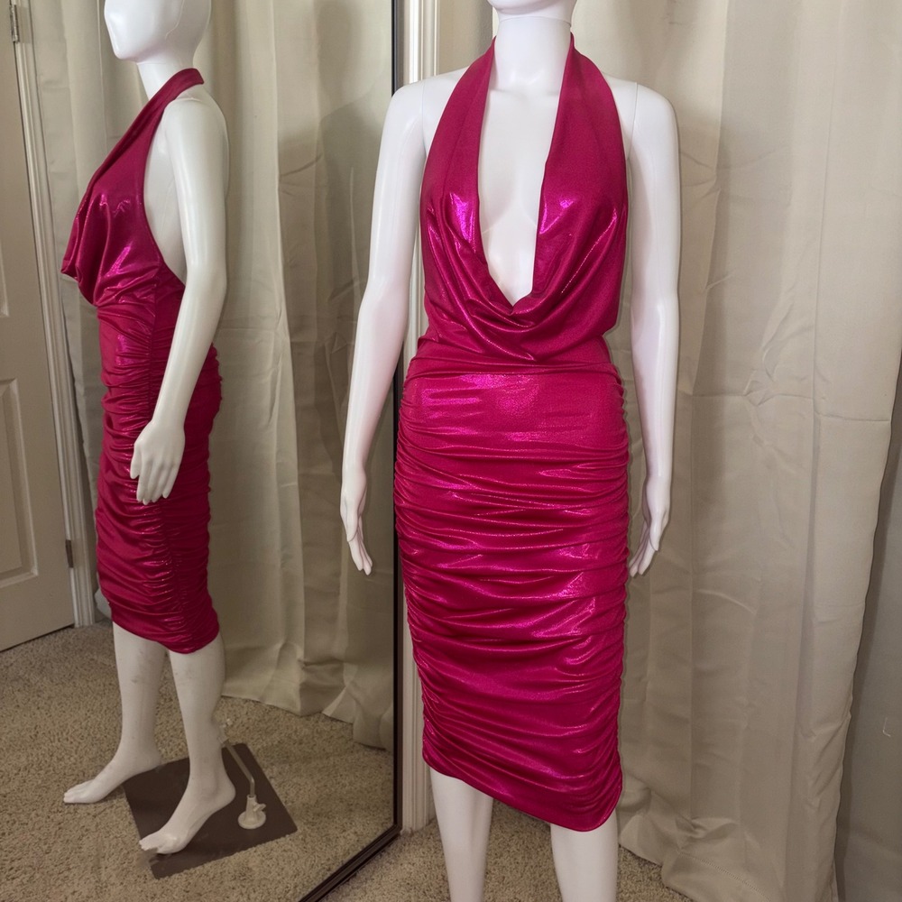 Fashion Nova Metallic Hot Pink Ruched Halter Midi Dress Open Back Cowl Neck L